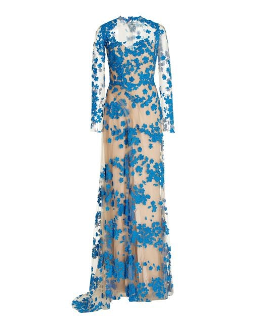 Monique Lhuillier Blue Floral-embroidered Tulle Gown