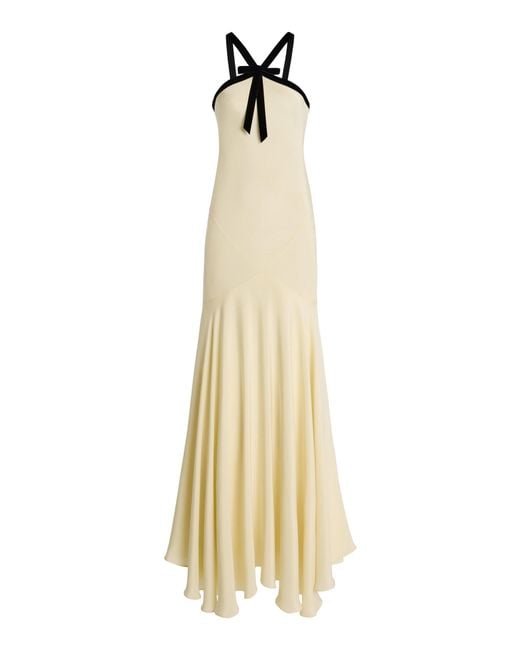 Rodarte Natural Velvet-Trimmed Silk Crepe Maxi Halter Dress