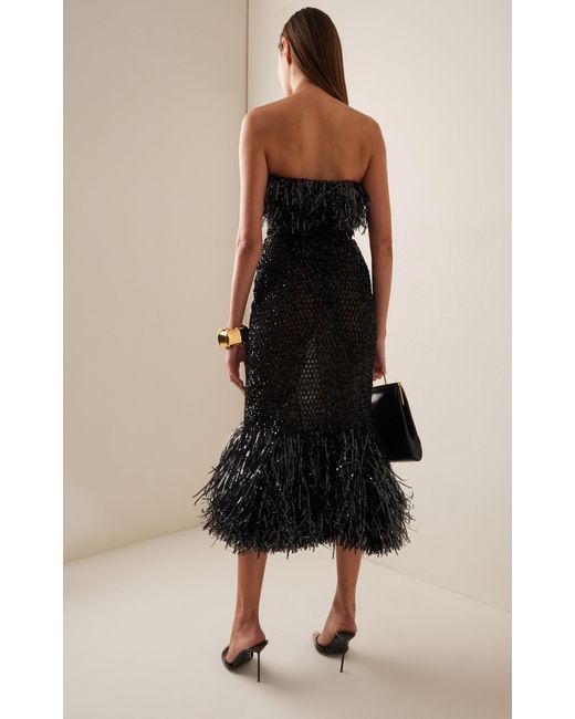 Oscar de la Renta Black Fringe-trimmed Embroidered Midi Dress