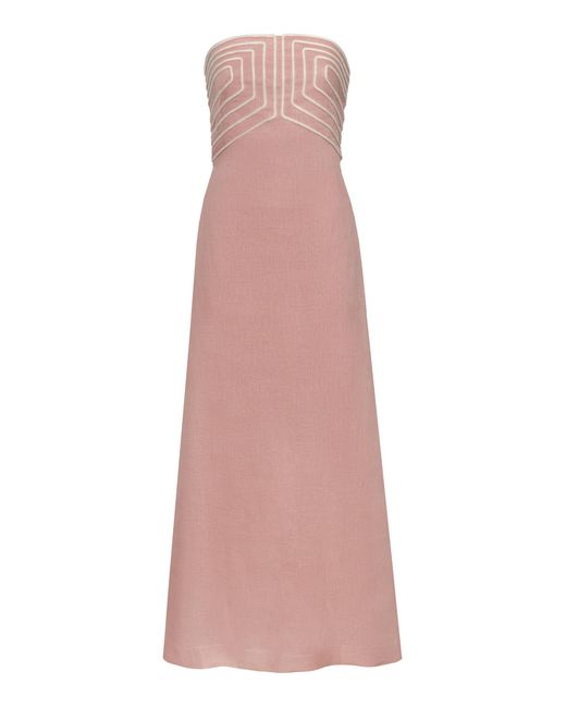 ANDRES OTALORA Pink Paseo Marino Embroidered Linen Midi Dress