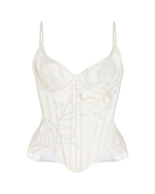 Wiederhoeft White Carnation Salon Embellished Silk Satin Corset Top