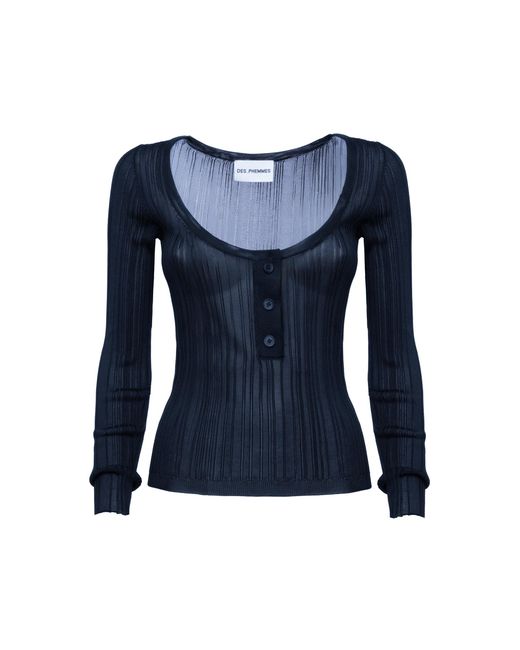 DES_PHEMMES Blue Henley Ribbed Knit Top