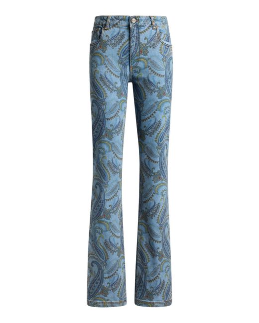 Etro Blue Patterned Stretch-Denim Bootcut Jeans