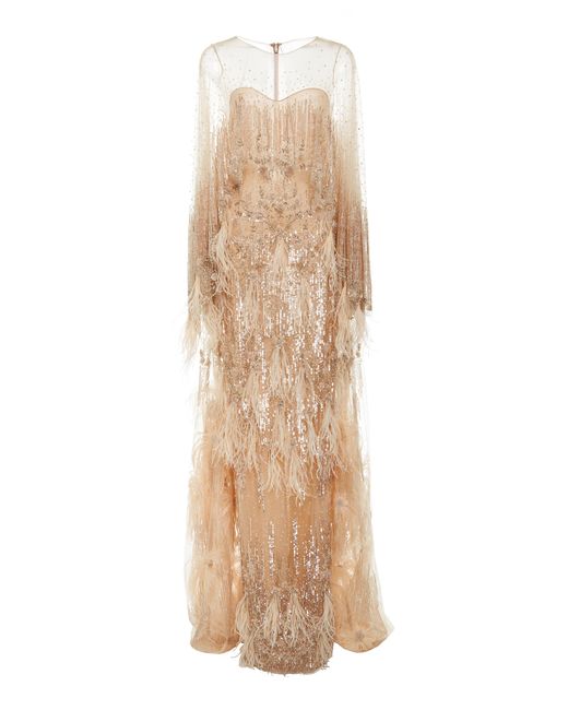 Pamella Roland Metallic Double Cape Tulle Gown With Sequin And Ostrich Feather Plumes