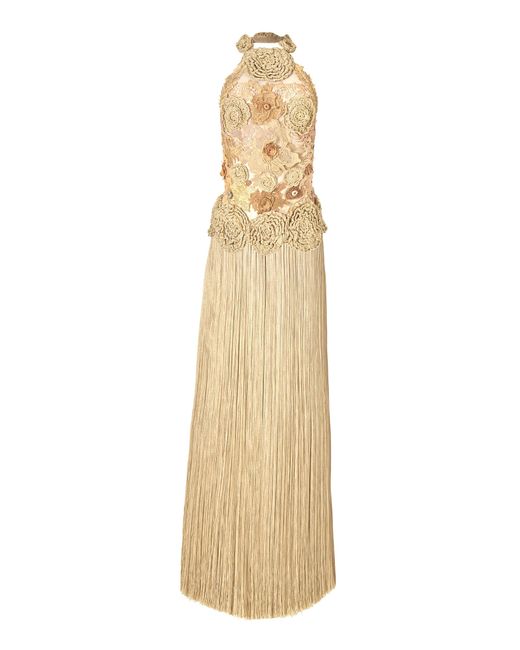 Andrea Almeida Natural Lou Floral Embellished Fringe Gown