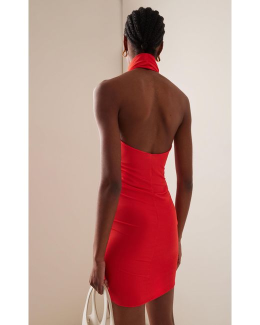 Atlein Red Ruched Jersey Halter Mini Dress