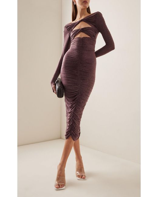 Alex Perry Purple Ruched Cutout Crystal-embellished Jersey Midi Dress