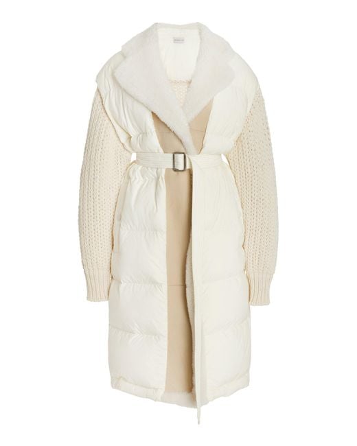 Moncler White Shearling-trimmed Down-detailed Wool-blend Long Cardigan