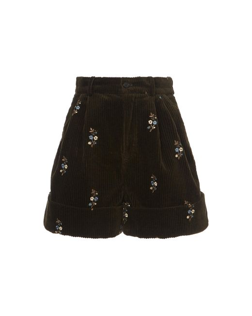 Alanui Green Floral-embroidered Cotton Corduroy Pleated Shorts
