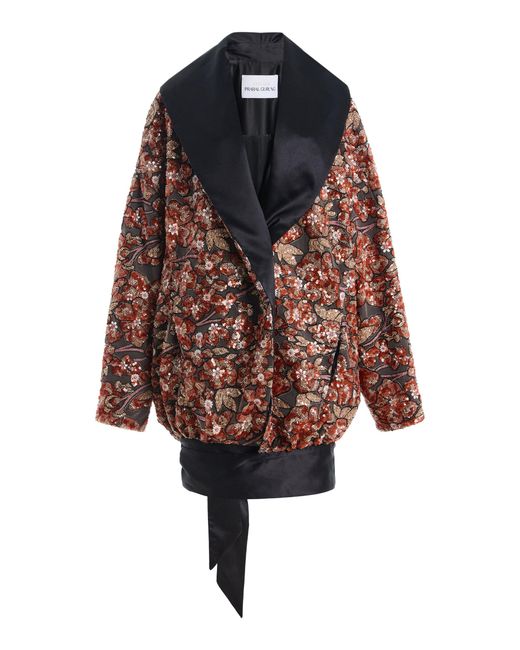 Atelier Prabal Gurung Orange Floral Sequin Embroidered Tulle Hand-Draped Knotted Cocoon Jacket