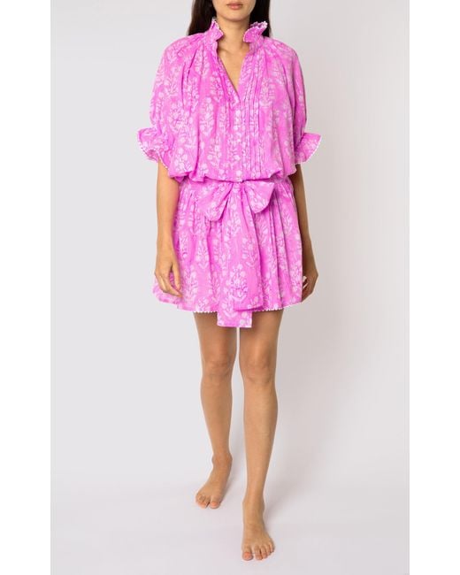 Juliet Dunn Pink Small Flower Blouson Cotton Mini Dress
