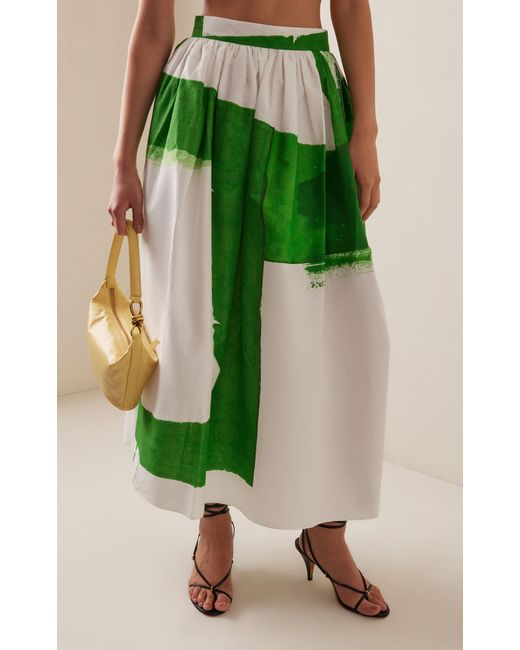 Erdem Green Pleated Cotton Faille Midi Skirt