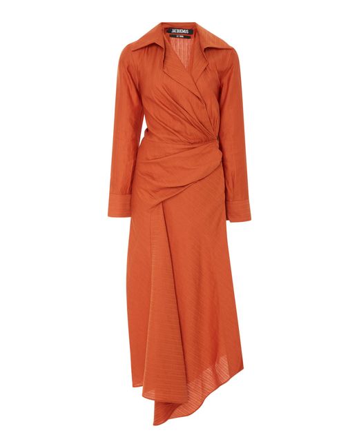 Jacquemus Orange Sabah Draped Linen And Cotton-blend Shirt Dress