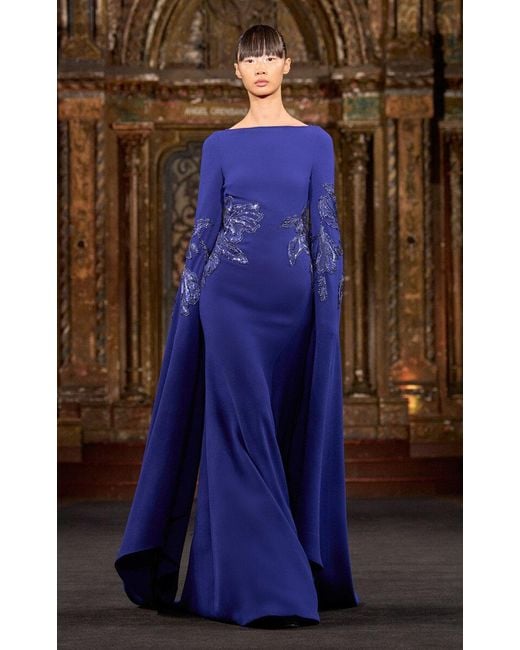 Naeem Khan Blue Cascading Sleeve Wool-Blend Crepe Gown