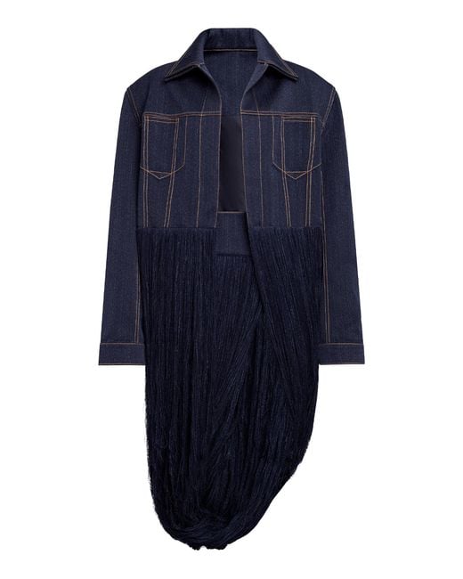 Alaïa Blue Fringed Yarn Knit Wool-denim Twill Jacket