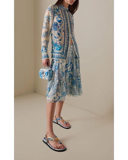 Versace Blue La Vacanza Printed Techno Creponne Midi Skirt