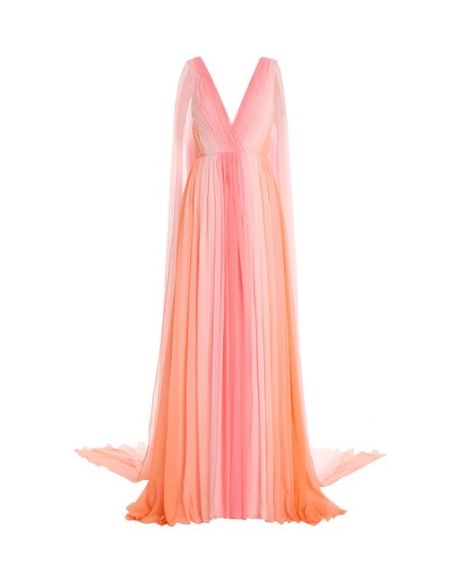 Monique Lhuillier Pink V-Neck Silk Pleated Gown With Streamers