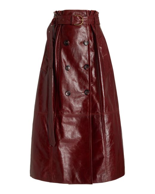 Ulla Johnson Red Hudson Belted Patent Leather Midi Skirt