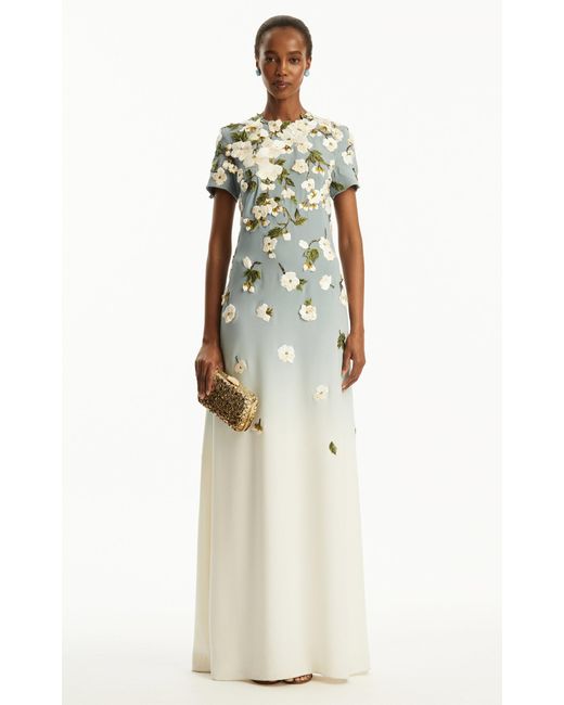 Oscar de la Renta White Embroidered Stretch-Silk Gown