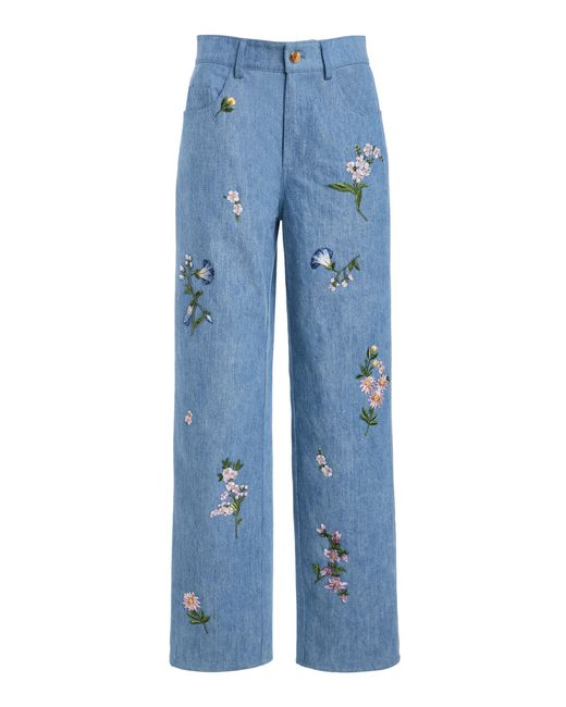 Oscar de la Renta Blue Embroidered Denim Straight-Leg Jeans