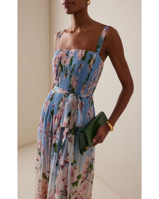 Oscar de la Renta Blue Pleated Silk Chiffon Gown