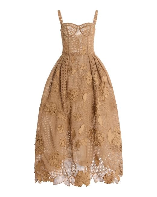 Oscar de la Renta Natural Bustier Guipure Cocktail Midi Dress
