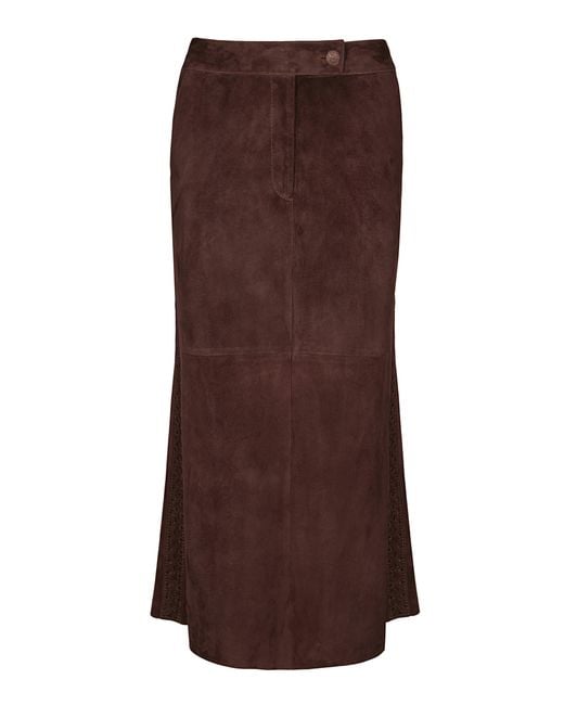 Johanna Ortiz Brown El Buque Embroidered Suede Midi Skirt