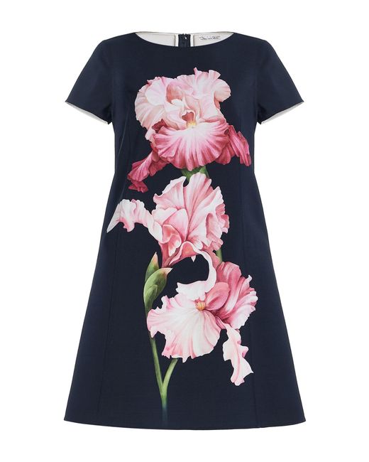 Oscar de la Renta Blue Painted Iris Wool-Blend Mini Dress