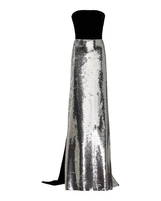 Monique Lhuillier Black Sequined Strapless Velvet Gown