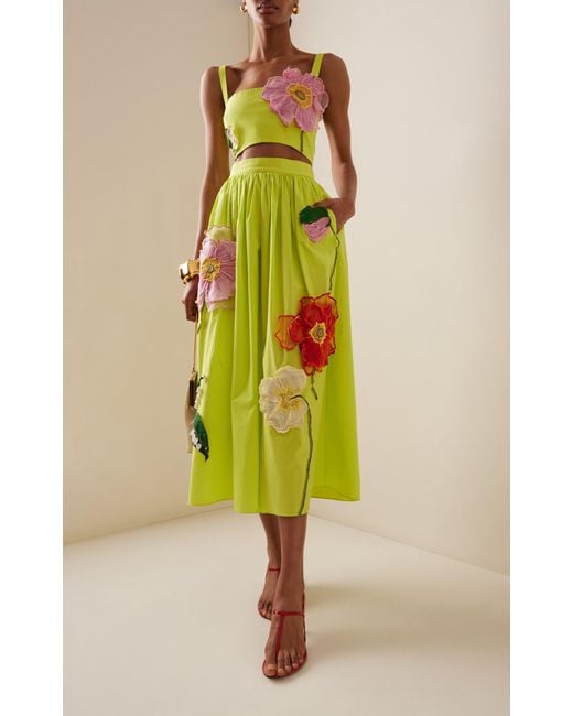 Oscar de la Renta Green Floral-appliquéd Cotton Maxi Skirt