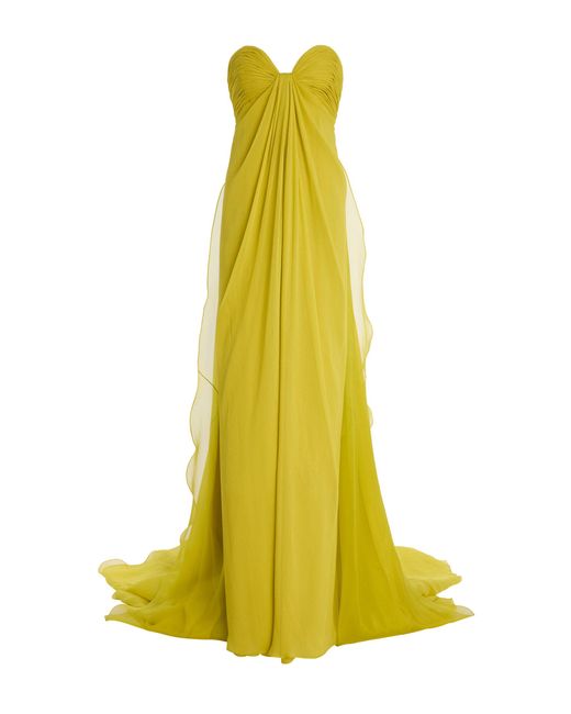 Oscar de la Renta Yellow Gathered Silk Chiffon Gown