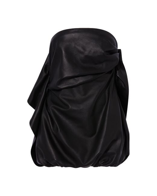 The Attico Black Strapless Draped Leather Mini Dress
