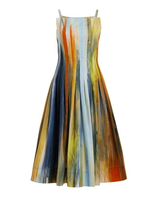 Oscar de la Renta Multicolor Pleated Cotton Sateen Midi Dress