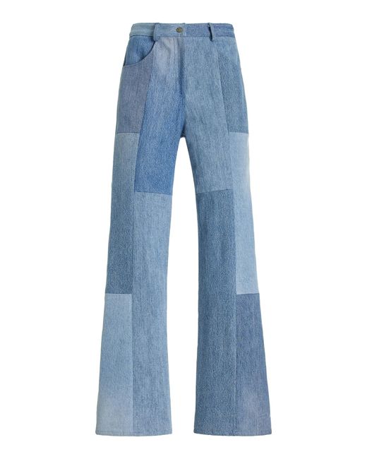 E.L.V. Denim Blue Patchwork Stretch High-rise Flared-leg Jeans