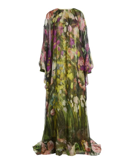 Oscar de la Renta Green Abstract Landscape Chiffon Caftan