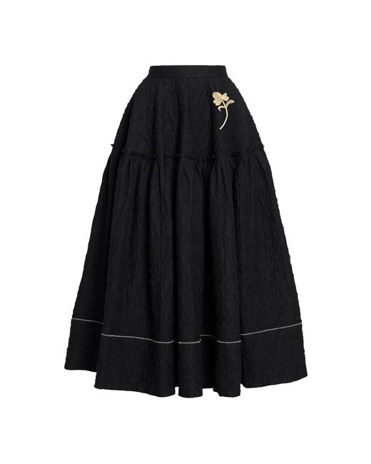 Erdem Black Flower-Detailed Cotton-Cloque Maxi Skirt