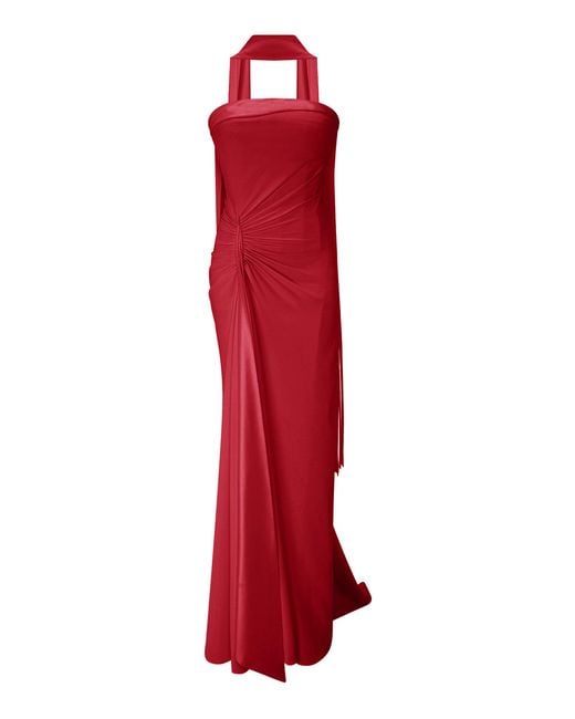 Marmar Halim Red Strapless Crepe Maxi Dress With Scarf
