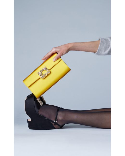 Roger Vivier Yellow Crystal-floral Satin Clutch