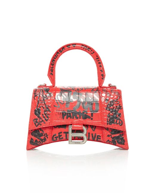 Balenciaga Red Graffiti-print Hourglass Xs Croco Leather Bag