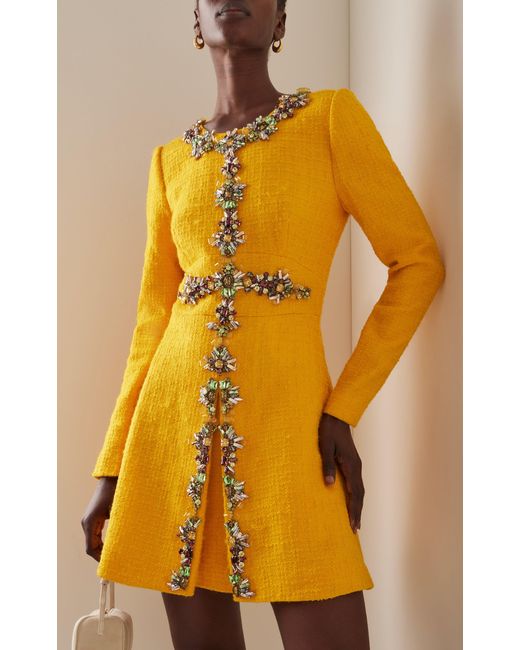 Carolina Herrera Embroidered Solid Tweed Mini Dress in Yellow | Lyst