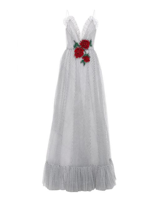 Rodarte White Sequinned Rose Appliquéd Polka Dot Mesh Gown