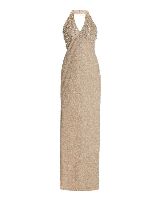 Pamella Roland Natural Crystal-embellished Lurex Halter Gown