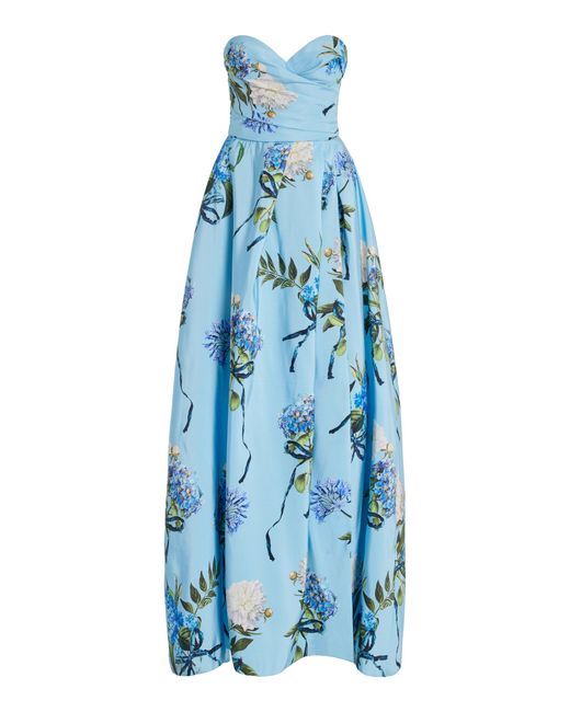 Monique Lhuillier Blue Printed Strapless Silk Gown