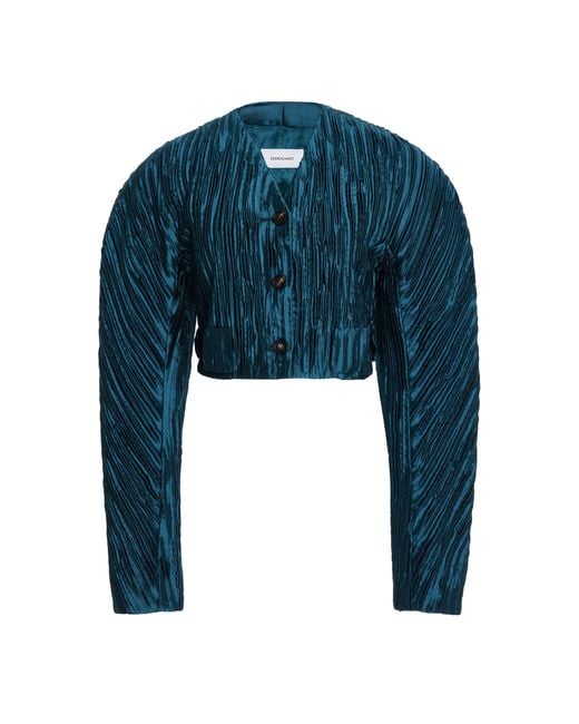Ferragamo Blue Silk-Blend Single-Breasted Jacket