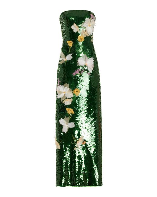 Monique Lhuillier Green Flower-embellished Sequined Gown