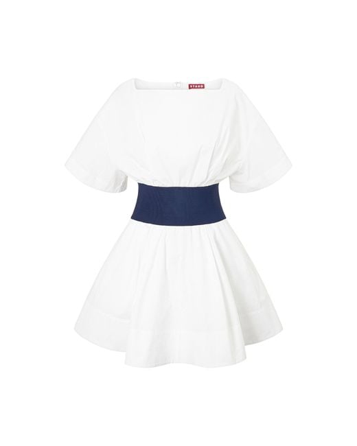 Staud White Amy Denim-paneled Cotton Poplin Mini Dress