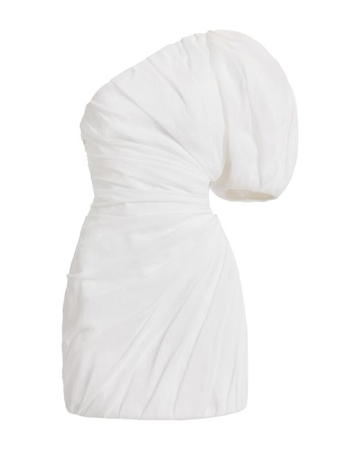 Chloé White Gathered Asymmetric Ramie Mini Dress