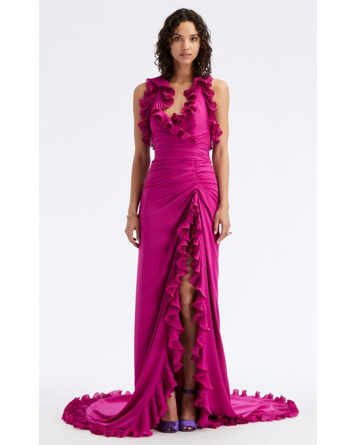 Oscar de la Renta Pink Ruffled Silk-georgette Gown