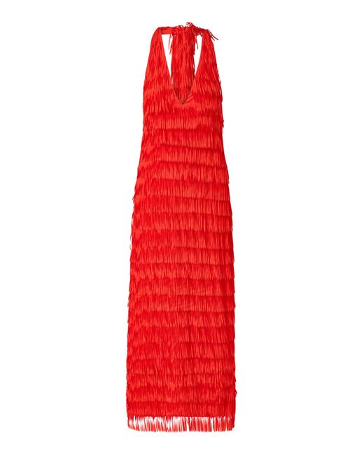 ROAME. Red Ischia Fringe Halter Maxi Dress