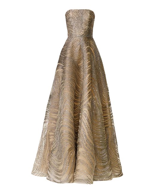 Naeem Khan Natural Strapless Bustier Sequin Metallic Cording Gown